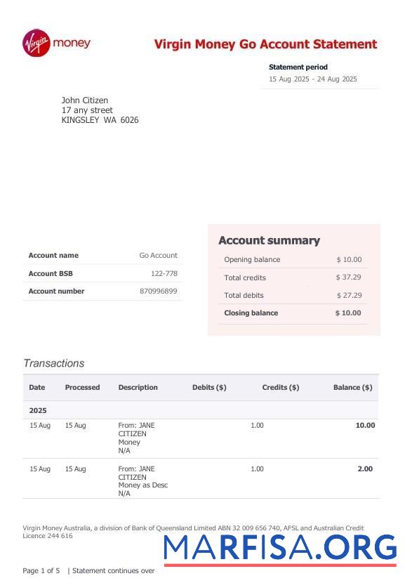 Blank United Kingdom Virgin Money Go Account bank statement word real example